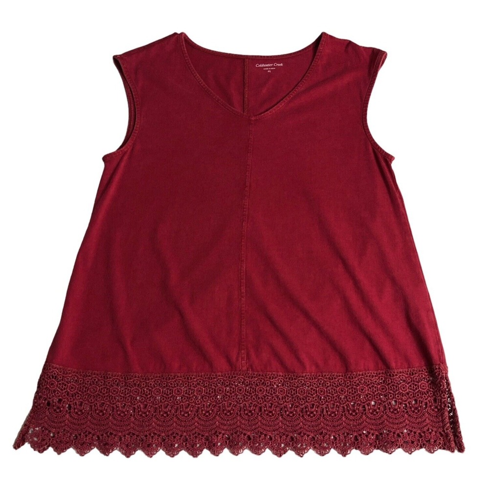 Coldwater Creek Tank Top Womens SP Red Crochet Lace Hem Sleeveless Boho Cottage
